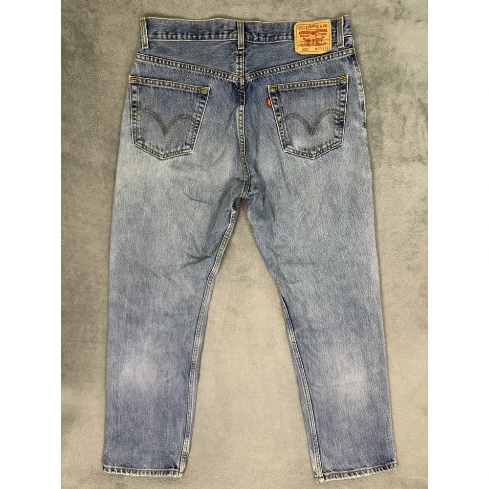 Levis 505 Jeans Mens 36x32 Blue Light Wash Denim‎ Straight Mid Rise Workwear